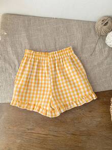 LMoss Kids Babygirl Cute Plaid Elastic Waist Shorts, Summer - Yellow - View 2