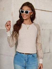 SHEIN Clasi 女士毛绒拼布向日葵蕾丝 T 恤 - 杏色 - 查看 7