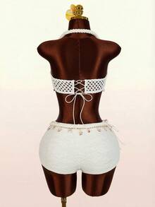 Amplova 2pcs Women's Vacation Outfit, Sexy Backless Design, Fashionable - White - View 2