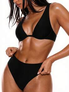 Oceva Bộ bikini thời trang nữ, màu đen trơn, hở lưng, buộc dây, thích hợp cho kỳ nghỉ biển. - màu đen - Xem 1