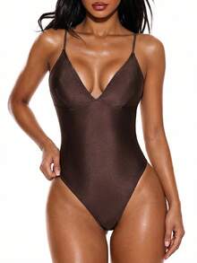Oceva Maillot de bain une pièce sexy et à la mode pour femmes, dos nu, bretelles fines, décolleté plongeant, couleur unie, pour la plage, les loisirs, les vacances, le bord de mer, le spa. Maillot de bain pour femmes - Tabac - Voir 5