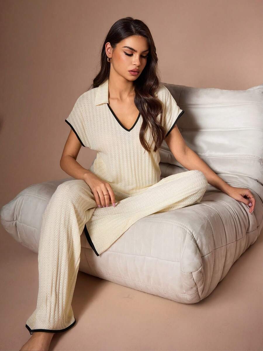 Lazeform Waffle Texture V-Neck Short Sleeve Top & Wide Leg Pants Women's Lounge Set - Apricot - View 1