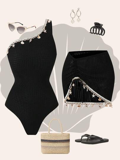 Swim Oasis 2026 Hot Selling 2pcs/Set Women's One-Piece Swimsuit, Beach Dress, Swimwear With Halter Neck, Skirt, Starfish & Shell Tassel Decor, Waist Cinching, Bust Enhancing, High Quality Black Fabric, Bohemian Style For Beach, Pool Party, Spring/Summer Vacation Outfit For Swimming Pool Outfits Swimsuit Accessories Holiday Outfits For Women Swim 1 Piece Outfit One Piece Swimsuit Pool Outfits For Women Holiday Swim Outfits Womens Swim Outfits Summer Swimwear