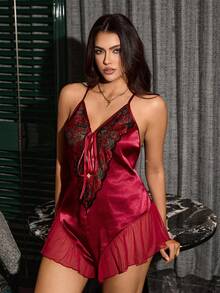 SilkySpell Plus Size Sexy Lace Patchwork Faux Silk Backless Jumpsuit Lingerie - Burgundy - View 3