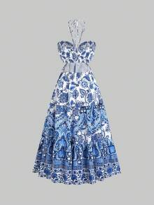 Sweetra Women's Blue Floral Bohemian Long A-Line Dress, Elegant Strapless Hollow Out Sleeveless Dress - Multicolor - View 2
