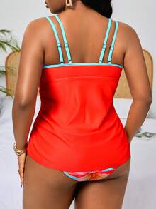 Swim Lushoire Plus Size Women 2 Pieces Floral Print V-Neck Tankini Swimwear - Red - View 2