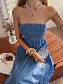 Livesso 女士休闲度假无肩带牛仔连衣裙 - 中等水洗藍 - 查看 6