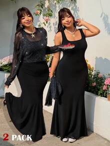 SHEIN EZwear 2026春夏新款休闲日常穿搭派对约会生日音乐节返校毕业度假多场合透视宽松网纱闪亮露脐上衣和紧身露背长裙套装，黑色，大码 - 黑色 - 查看 1