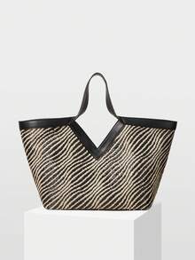 MOTF PREMIUM WOMEN'S FASHION RESORT ZEBRA STRAW TOTE BAG, SUITABLE FOR COMMUTING, VACATION AND TRAVEL - Black - View 5