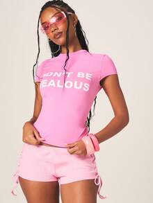 MISSGUIDED Camiseta de cuello redondo de manga corta con eslogan "No seas celosa" para mujer, camiseta informal de verano con estampado gráfico - Lila Púrpura - Ver 1