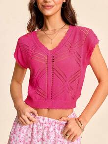 Coeurva Women's Elegant Simple V-Neck Knit Top,Fuchsia Pink,Summer,Casual,Brunch Everyday Ladies Dresses Zanea Dress Cinco De Mayo Spring/Summer Knit Top - Pink - View 6