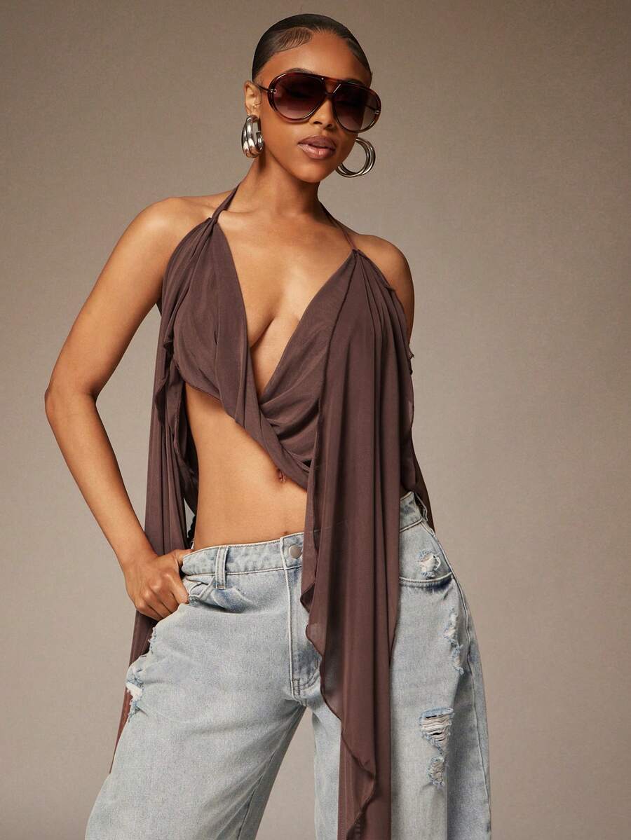 Denimoi Top asimétrico sin espalda con cuello de halter para mujer, verano - Marrón - Ver 1