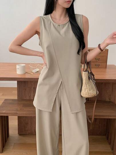 DAZY Women's Solid Color Crew Neck Sleeveless Top And Wide Leg Pants Casual 2-Piece Set