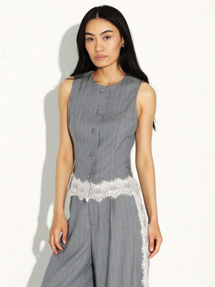 KSTM Pinstripe Peplum Sleeveless Vest With Delicate Lace Hem Detail Button Front Office Professional Formal