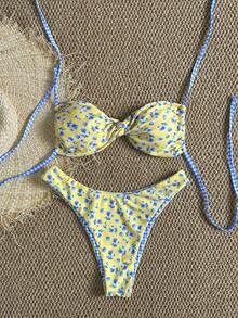 Swim Mod Bộ bikini hai mảnh họa tiết hoa nhiệt đới dành cho nữ, kiểu cổ yếm, buộc dây bên hông, thiết kế xoắn phía trước, thích hợp cho kỳ nghỉ biển, tiệc tùng. - Nhiều màu - Xem 2