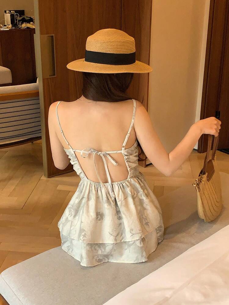 Women's Floral Print Backless Camisole & Skirt 2 Pieces Set, Vacation Summer