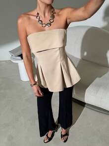 Lavishia 简约无肩带A字型上衣，时尚百搭 - 杏色 - 查看 7