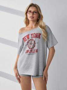 HautHeat Women's Letter Print Loose Fit Short Sleeve Loungewear Top - Light Grey - View 3