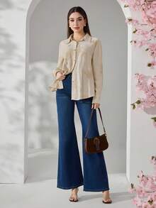 Veilorie Damen Bluse mit bestickter Knopfleiste und Langarm, elegant für Frühling und Sommer - Khaki - Übersicht 7