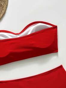 Swim Basics Women's Solid Color 3D Floral Decor Bikini Set - Red - View 6