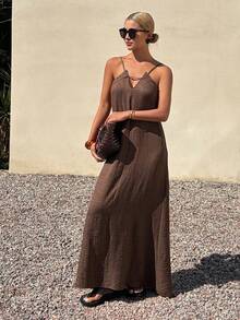 DAZY Đầm hai dây buộc dây bằng vải dệt họa tiết dành cho nữ, kiểu dáng nghỉ mát. - màu nâu - Xem 3