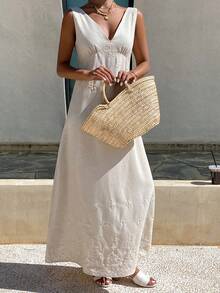 DAZY 春夏时尚白色V领修身上衣，休闲沙滩度假长裙，情人节及婚礼吊带裙 - 象牙白色 - 查看 1