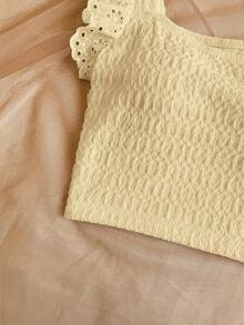 Soleia Áo croptop dệt kim xếp ly, viền hoa thanh lịch dành cho nữ, thích hợp mặc đi nghỉ mát. - Màu vàng - Xem 3