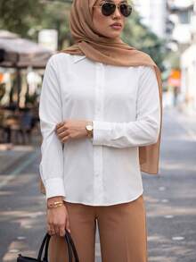Calvaya Top casual básico feminino com botões frontais e manga comprida - Branco - Ver 3