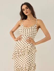 Gaivellea Women's Elegant Romantic Delicate Outdoor/Date Dress, Spaghetti Strap, Apricot Base With Black Polka Dots, Draped Neckline, Ruffle Hem, Mermaid Silhouette, Spring/Summer - Apricot - View 5