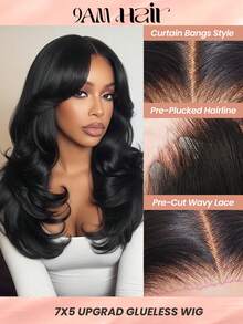 ALL READY WIG 7x5 Designer Layered Glueless Wear&Go Curtain Bangs Natural Wave Wig, 100% Human Hair Wear And Go Pre Cut Pre Plucked Glueless Closure Wig Layered With Curtain Bang Natural Black, 180% Density, 16-22 INCH, Pull & Go Real Human Hair Wigs For Women Pre-Plucked Hairline - SNatural - View 1