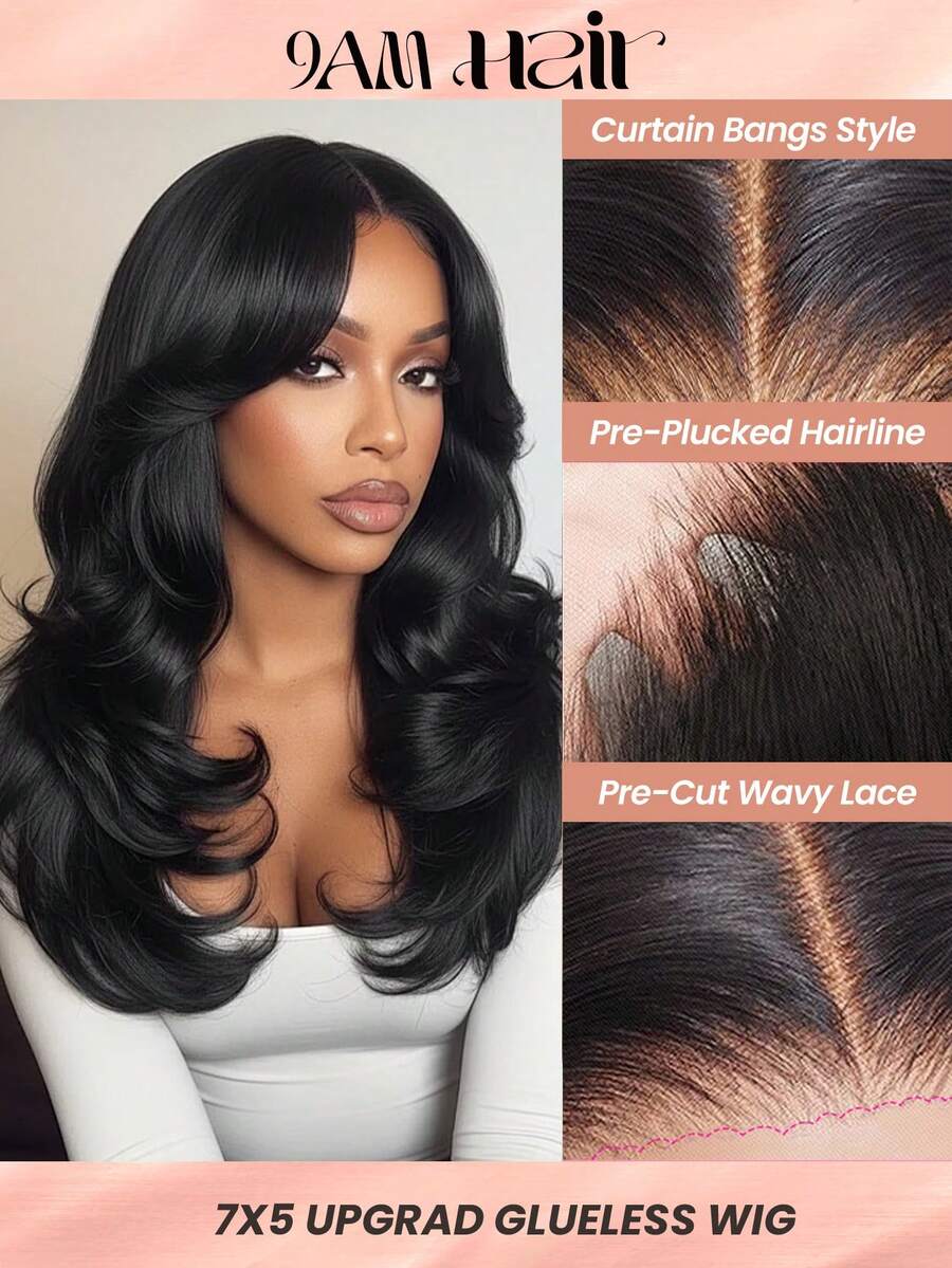ALL READY WIG 7x5 Designer Layered Glueless Wear&Go Curtain Bangs Natural Wave Wig, 100% Human Hair Wear And Go Pre Cut Pre Plucked Glueless Closure Wig Layered With Curtain Bang Natural Black, 180% Density, 16-22 INCH, Pull & Go Real Human Hair Wigs For Women Pre-Plucked Hairline - SNatural - View 1