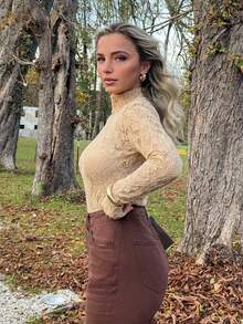 Jeta Ari 1pc Women's Elegant Solid Color Long Sleeve Hollow Out Stretchy T-Shirt - Apricot - View 4