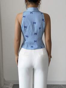 Elenzga Women's Bow Tie Striped & Printed Design Large Scarf Collar Sleeveless Front Bow Tie Fastening Placket Elegant Blouse - Multicolor - View 2