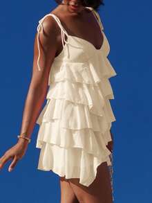 Yess Loren 夏季海滨度假纯色荷叶边细节假日连衣裙荷叶边雪纺蛋糕裙吊带裙音乐节乡村音乐节演唱会返校婚礼伴娘情人节女士派对服装 - 杏色 - 查看 6