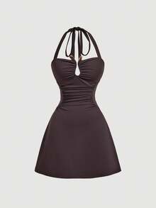 SHEIN MOD 性感时尚露背吊带褶皱腰迷你连衣裙 - 咖啡 - 查看 2
