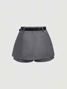 SHEIN MOD 女士休闲纯色短裤，夏季 - 深灰色 - 查看 3