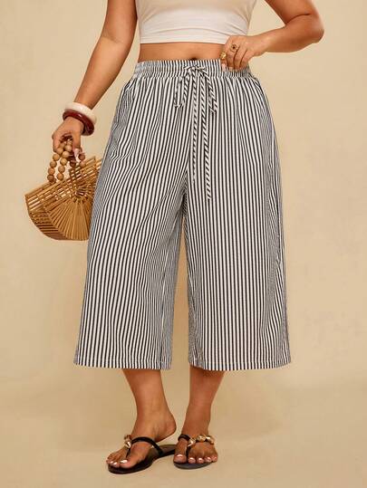 Travachic Pantalones anchos y cortos de talle con cordón, estampado de bloques de color y rayas, para mujer talla grande, para uso casual, vacaciones y viajes