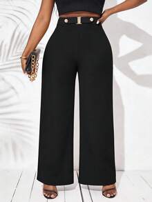 SHEIN Lady 女士纯色休闲裤 - 黑色 - 查看 4