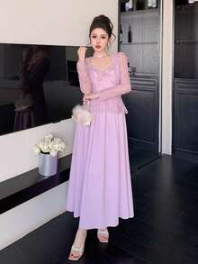 DAZY Spring&Summer Lavender Pink Lace Dress,Elegant Wedding Party,Autumn Banquet Fashion Event,Slim Fit Sheer Mesh Patchwork Full Skirt Long Dress Women - Purple - View 9