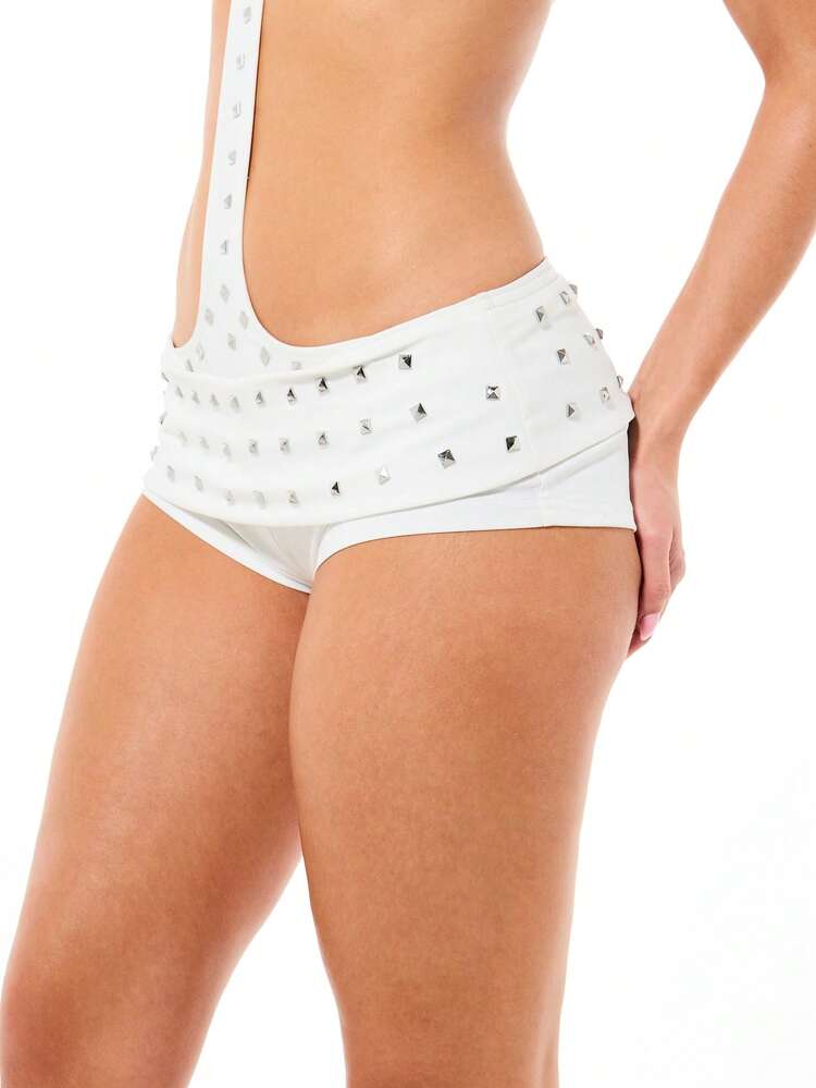 SUMWON WOMEN White Studded Folded Waistband Booty Shorts