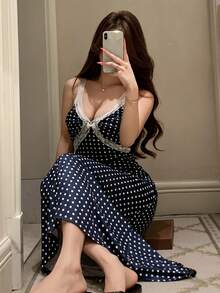 DAZY Summer Polka Dot Print Contrast Color Lace Patchwork Cinched Waist Maxi Nightgown For Women Pajamas - Navy Blue - View 4
