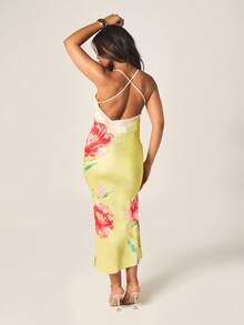 MISSGUIDED Floral Print Halter Neck Long Maxi Dress With Cross Back Straps Bodycon Fit Summer Beach Wedding Guest Cocktail Evening Party Wear - Yellow - View 2