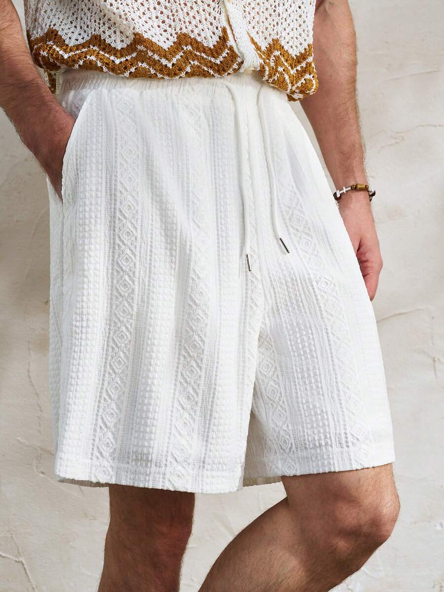 Airaco 新款夏季男士条纹纹理修身休闲抽绳弹力腰短裤 - 米色 - 查看 1