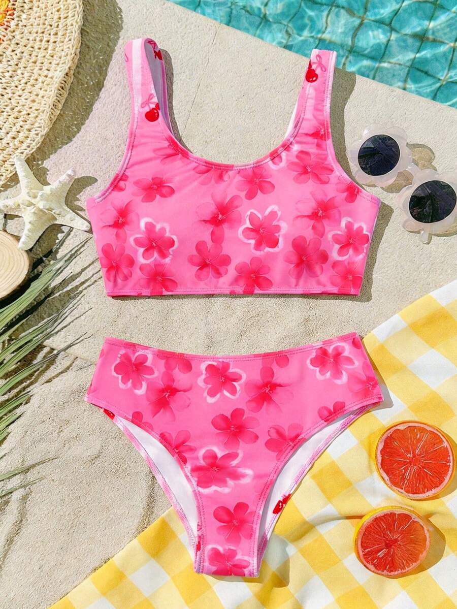 SHEIN Conjunto de bikini a rayas para niñas preadolescentes, conjunto de traje de baño con camiseta y Bottom triangular minimalista casual para niñas preadolescentes, adecuado para el verano - Multicolor - Ver 1