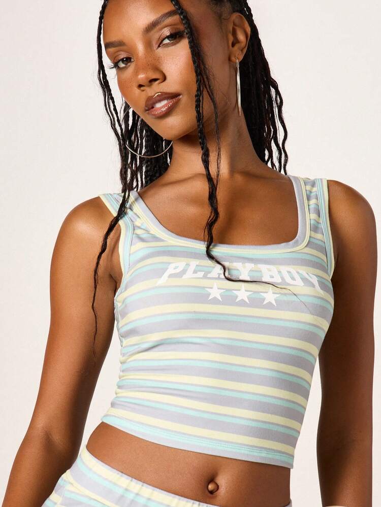 Missguided x Playboy Women's Striped Cami Tank Top With Horizontal Pastel Stripes Scoop Neck Fitted Sleeveless Summer Casual Crop Top