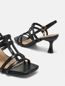 女士时尚新款迷彩、牛油果绿、黑色、白色、棕色、金色、紫色、裂纹、红色、杏色系带方头罗马高跟凉鞋 - 黑色 - 查看 12