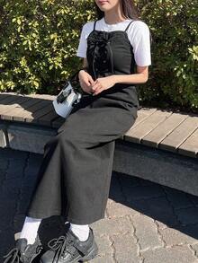 FRIFUL Front Tie Fitted Denim Maxi Dress - Black - View 6