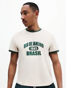 SUMWON 男士休闲修身圆领T恤，印有巴西里约热内卢图案，短袖圆领，棉混纺面料，适合夏季度假旅行穿着。 - 杏色 - 查看 4