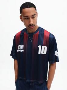 SUMWON Soccer Jersey Inspired Mesh Crop Tee With Number Print And Vertical Stripes Short Sleeve Drop Shoulder Top, World Cup Sporty Game Streetwear Jersey - Multicolor - View 1