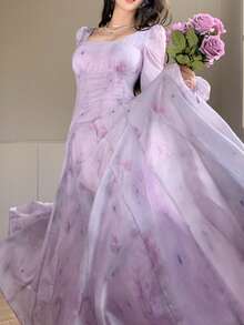 DAZY Women's Elegant Floral Print Square Collar Petal Sleeve Mid-Length Dress, Spring/Summer,Wedding Guest Dress Women - Mauve Purple - View 12